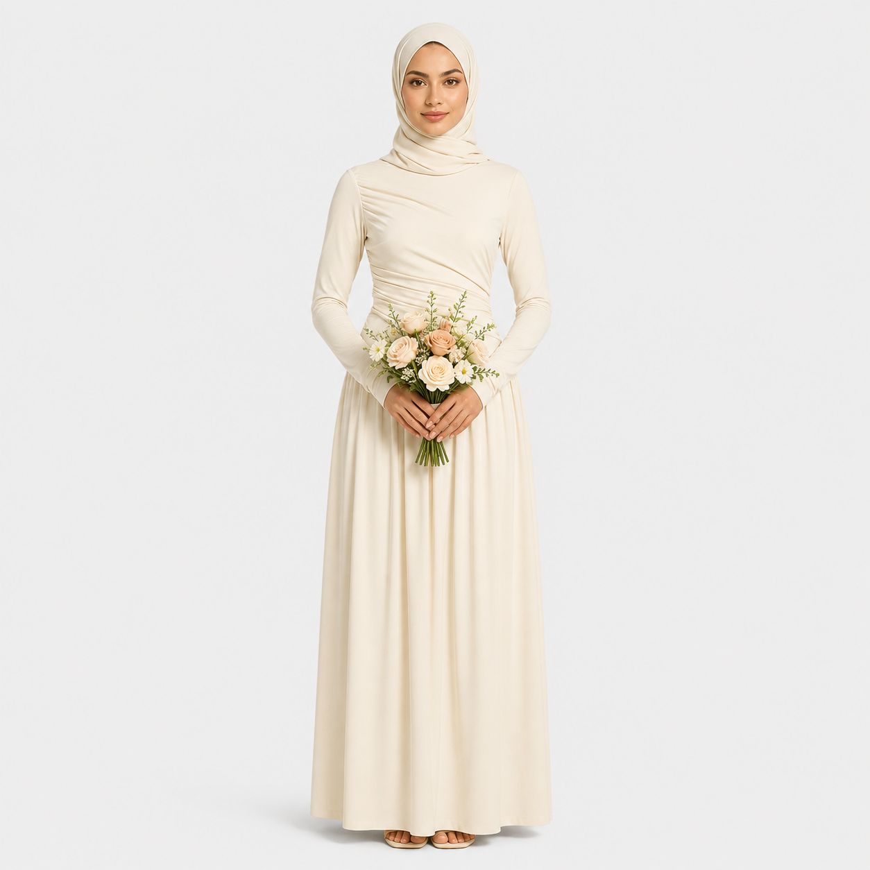 Woman in a long, light-colored dress holding flowers on a white background