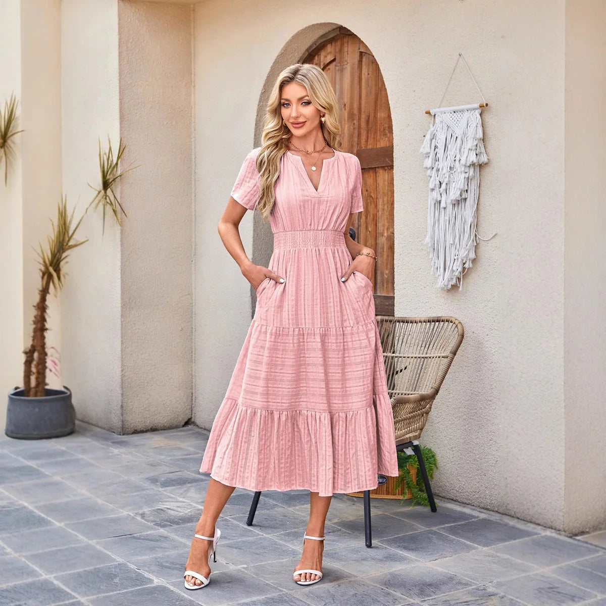 Cotton Square Neck Tiered Midi Dress with Pockets
