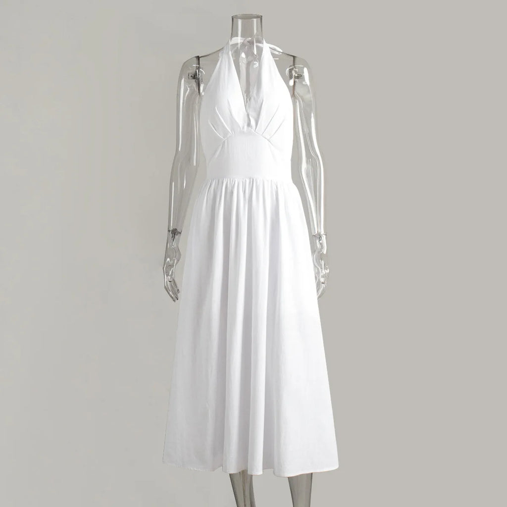 Breathable Cotton V-Neck Backless Maxi Dress