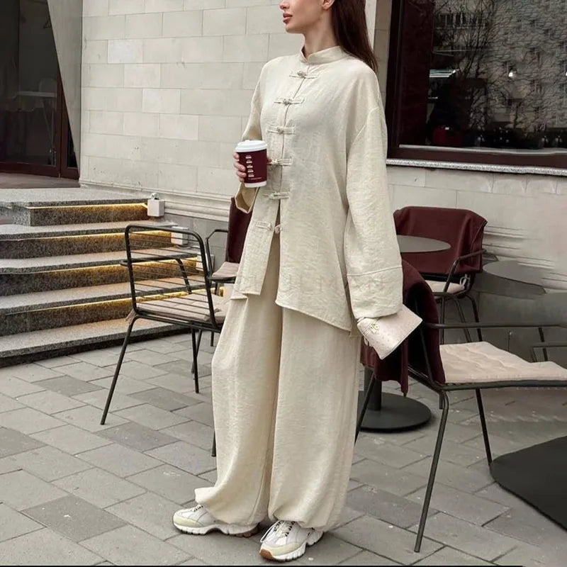 Cotton Linen Modest Co-Ord Set with Frog-Button Top and Matching Pants