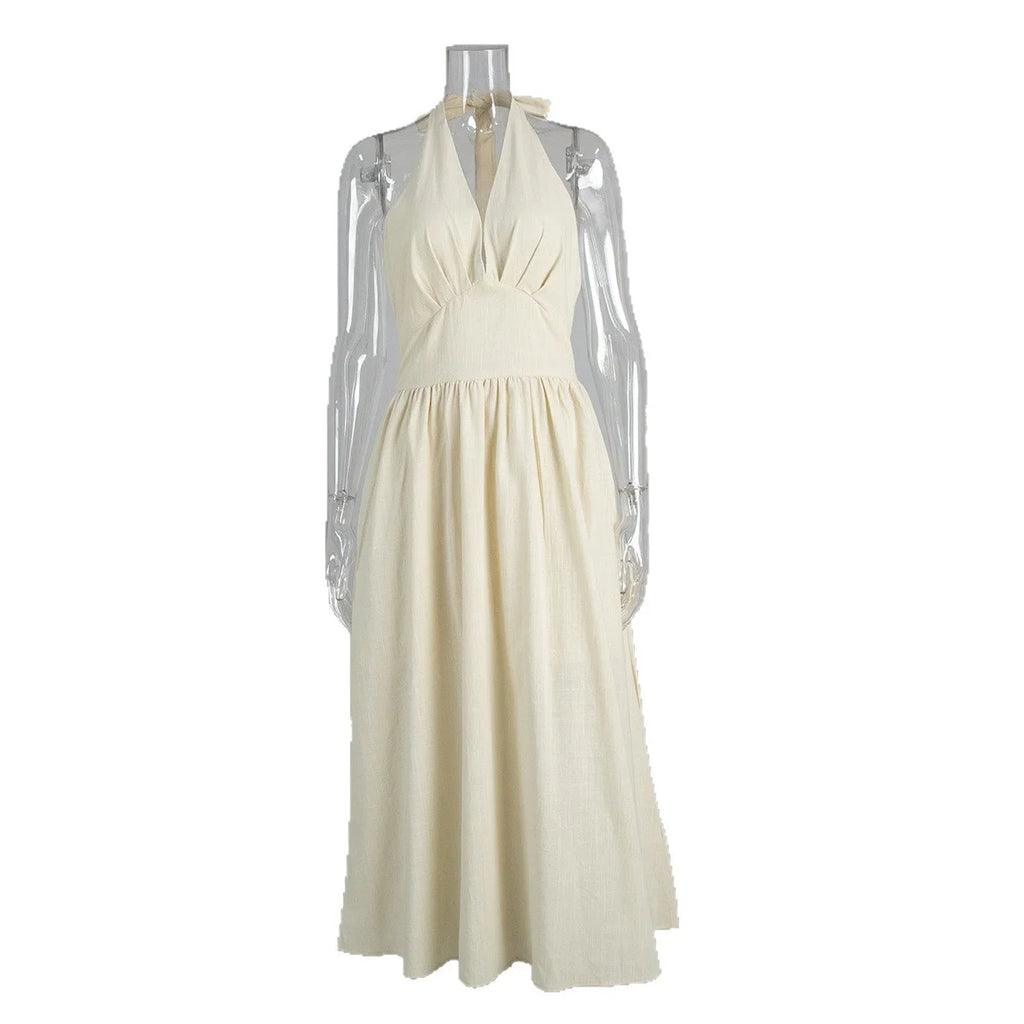 Breathable Cotton V-Neck Backless Maxi Dress