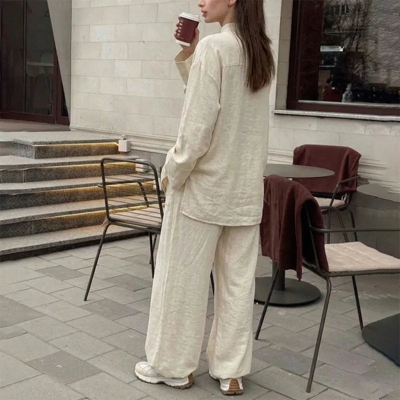 Cotton Linen Modest Co-Ord Set with Frog-Button Top and Matching Pants
