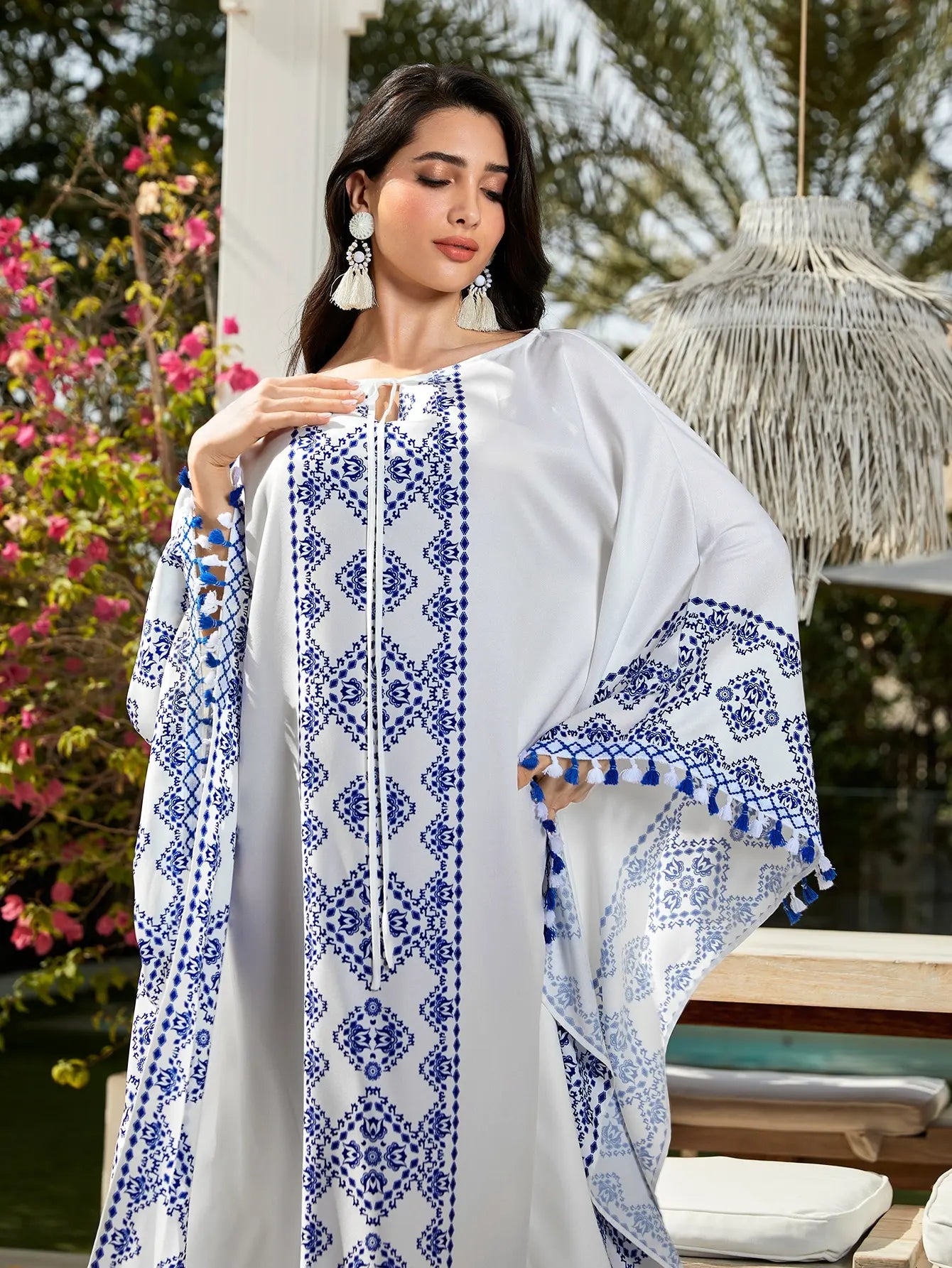 White and Blue Front-Open Chiffon Abaya Dress