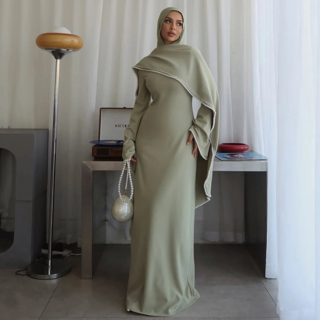 Pearl-Embellished Cape Sleeve Evening Abaya Dress