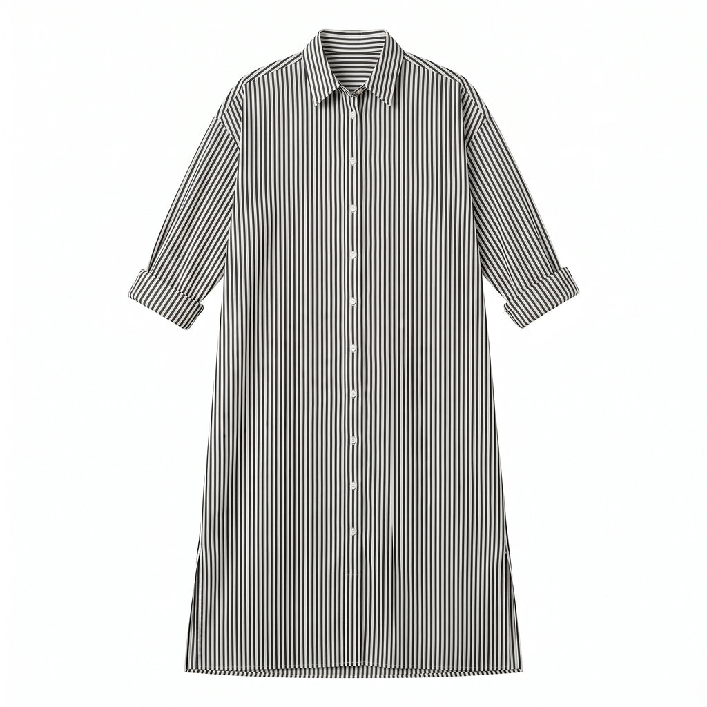 Striped Button-Front Maxi Shirt Dress with Long Sleeves