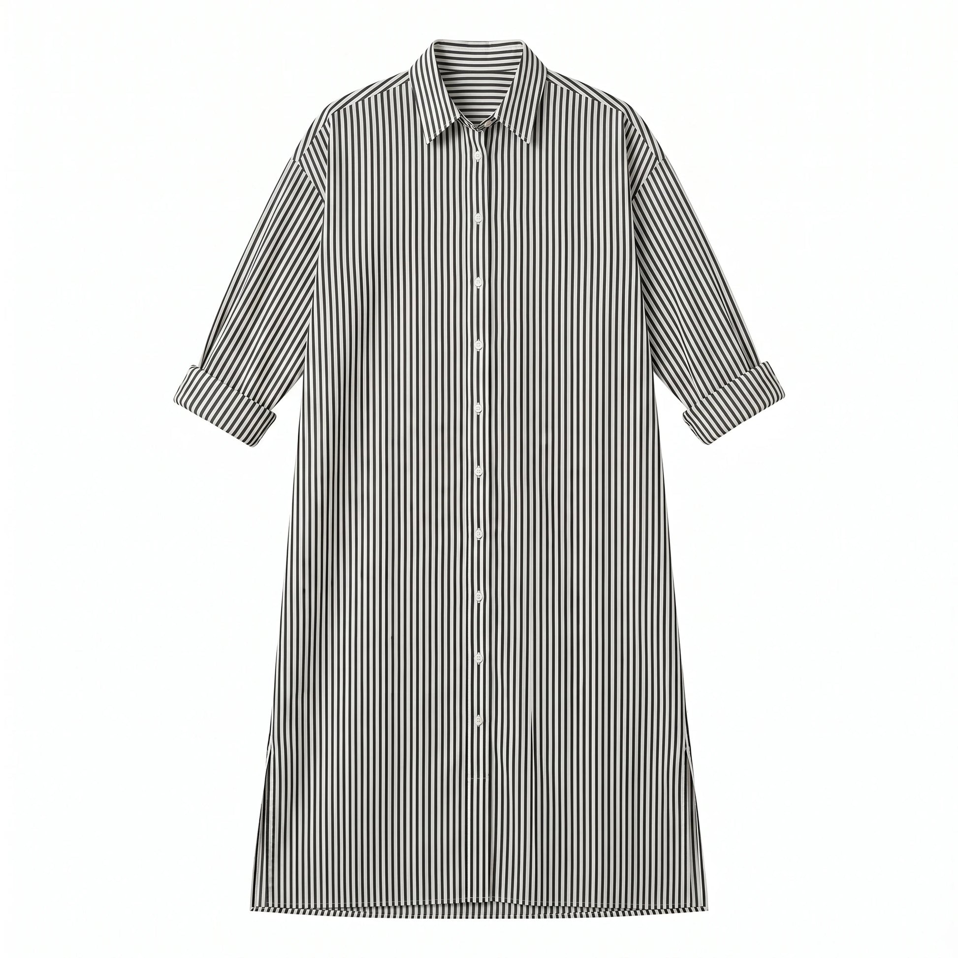 Striped Button-Front Maxi Shirt Dress with Long Sleeves