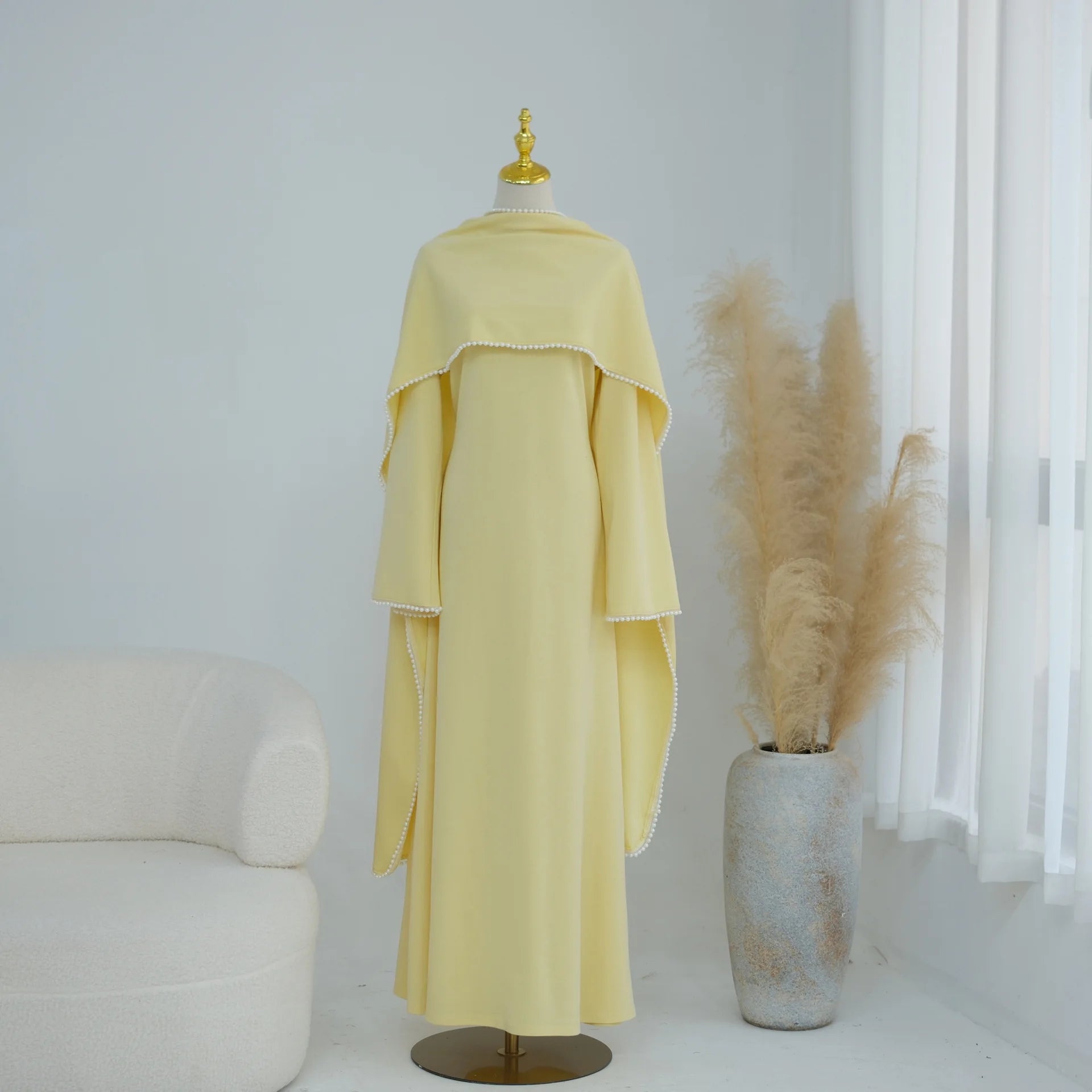Pearl-Embellished Cape Sleeve Evening Abaya Dress