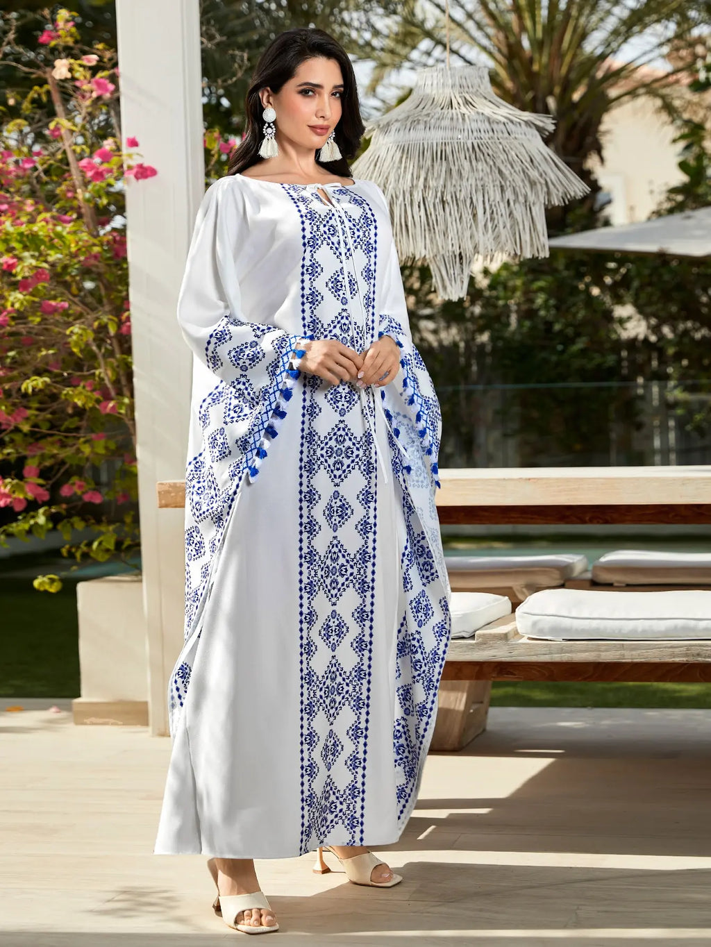 White and Blue Front-Open Chiffon Abaya Dress