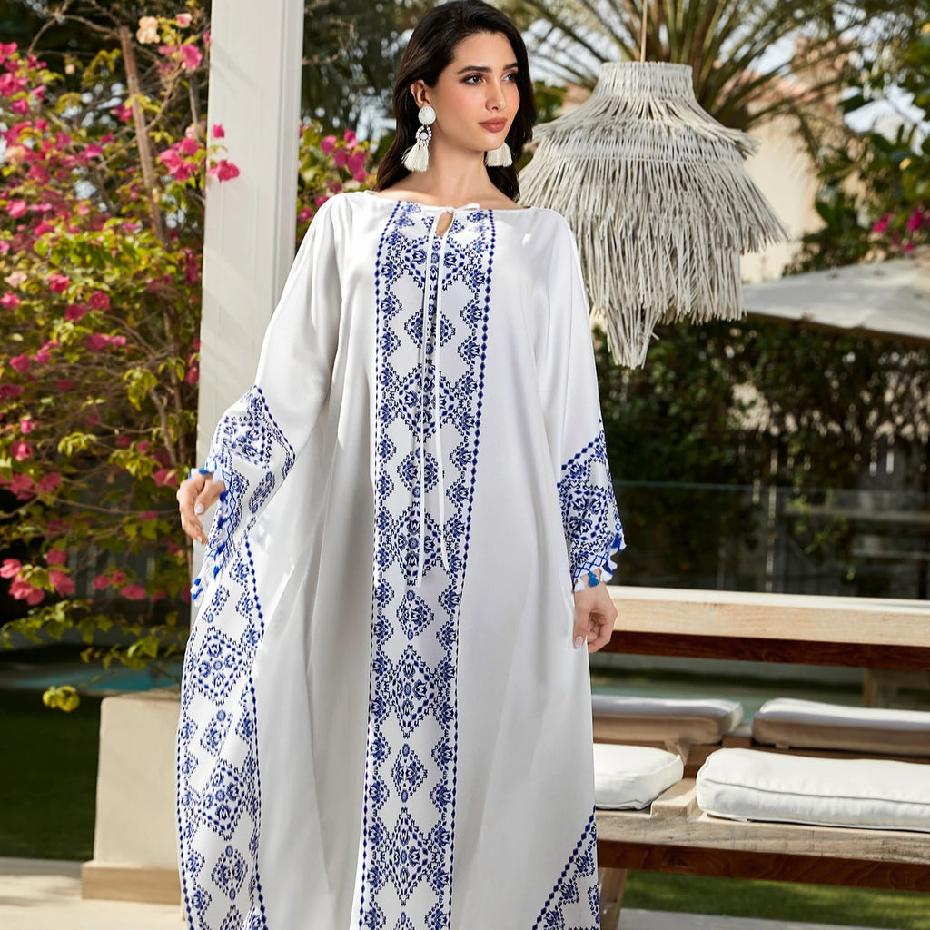White and Blue Front-Open Chiffon Abaya Dress