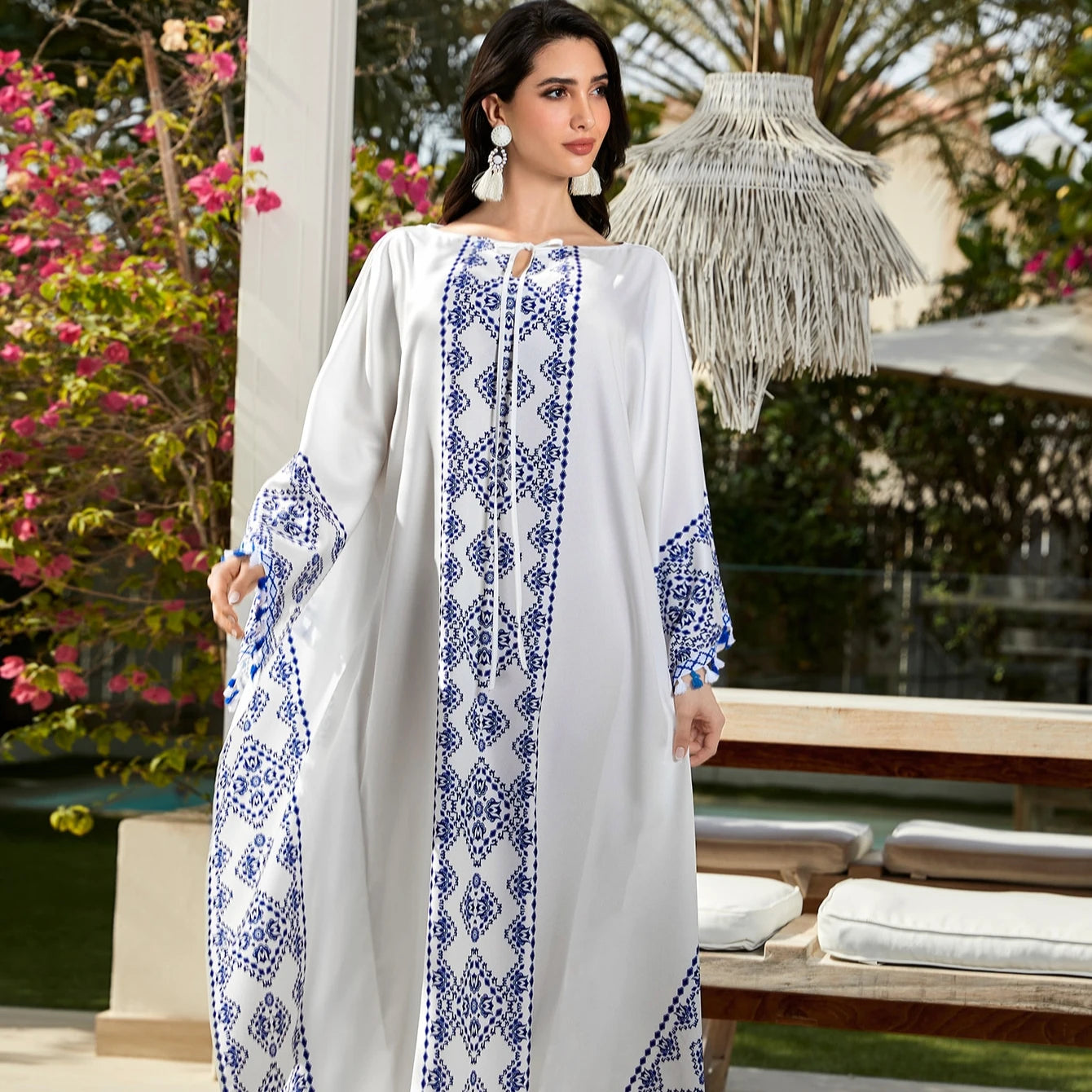 White and Blue Front-Open Chiffon Abaya Dress