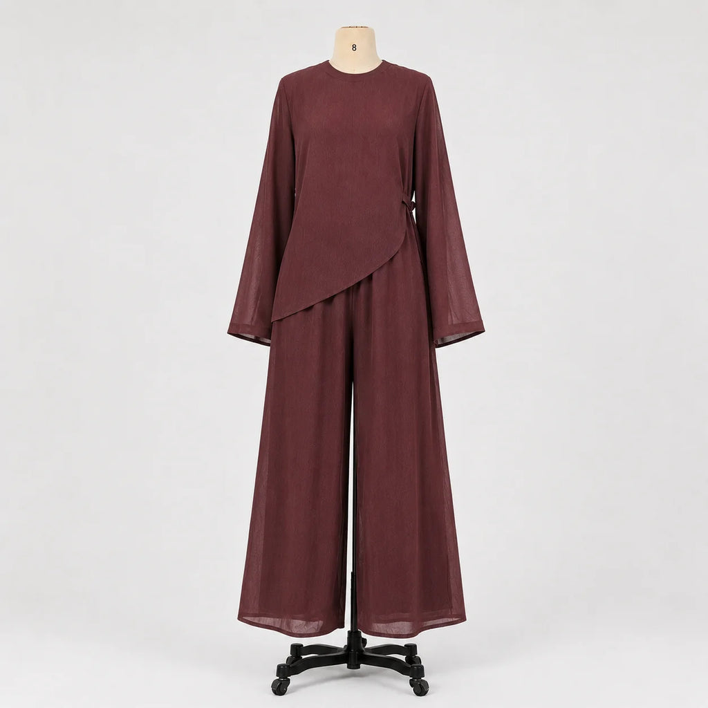 Double Layer Chiffon Co-Ord Set with Asymmetric Tunic and Wide-Leg Pants