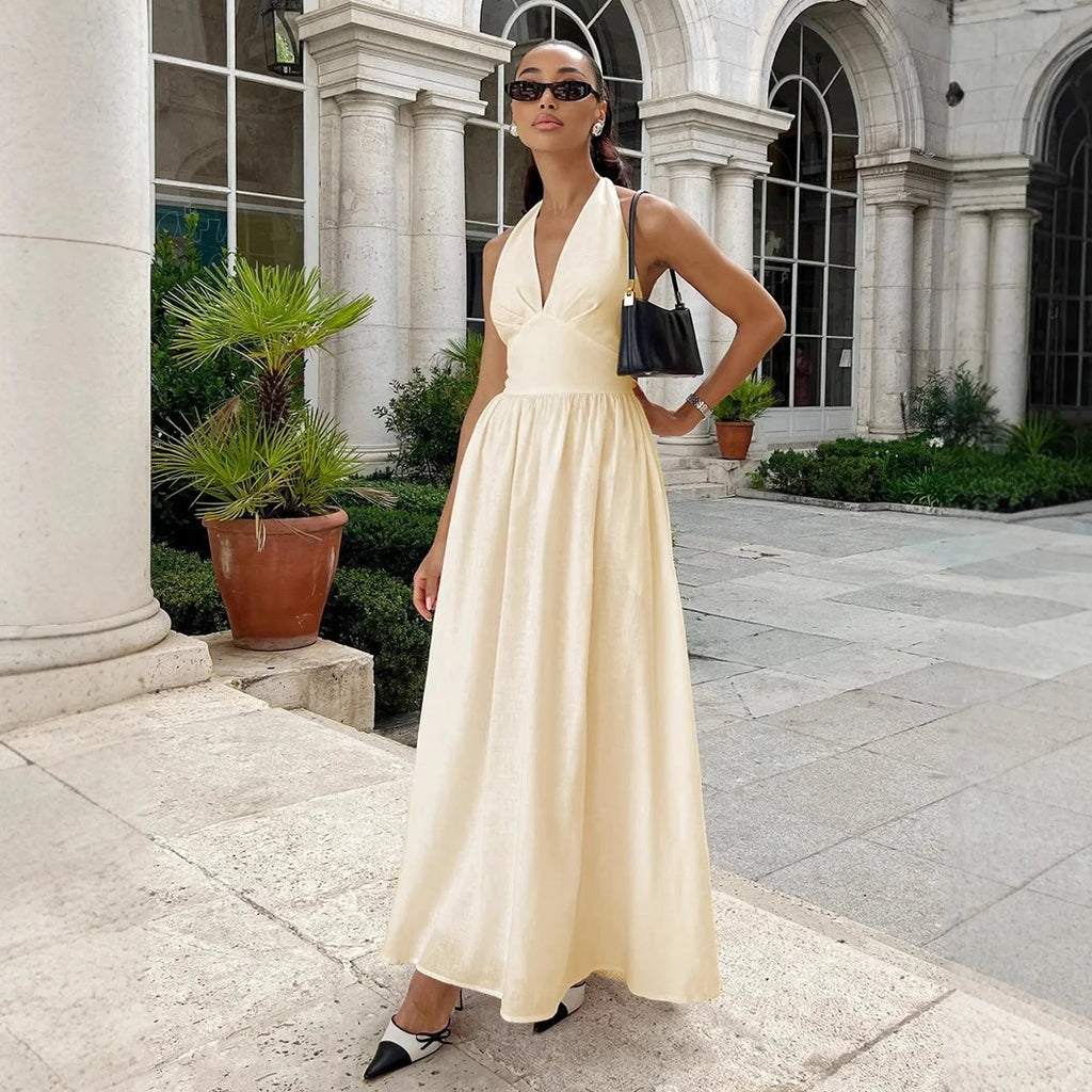 Breathable Cotton V-Neck Backless Maxi Dress