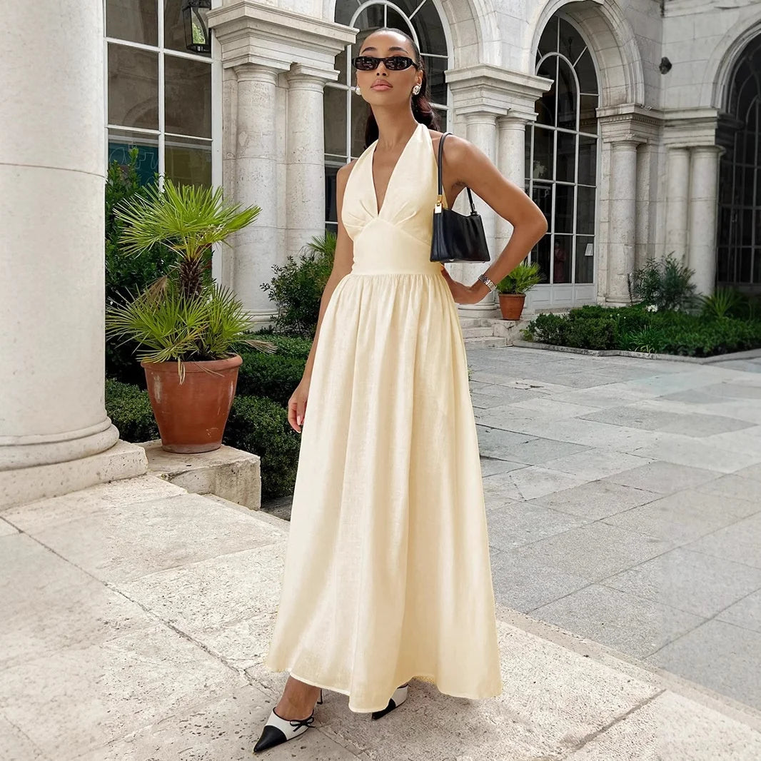 Breathable Cotton V-Neck Backless Maxi Dress