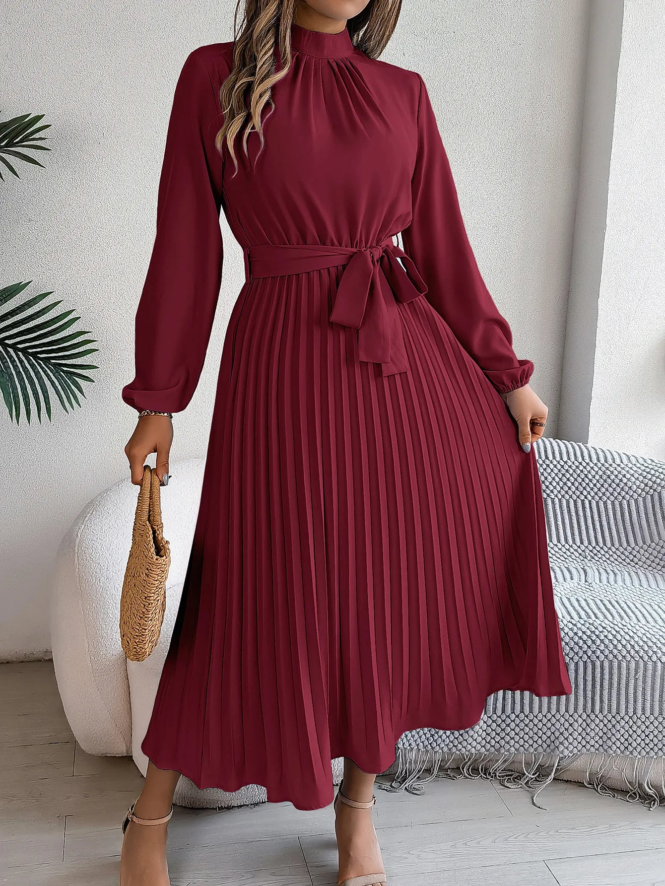 Vintage Stand Collar Long Sleeve Fit-and-Flare Midi Dress