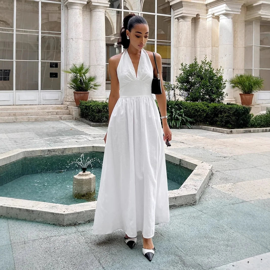 Breathable Cotton V-Neck Backless Maxi Dress