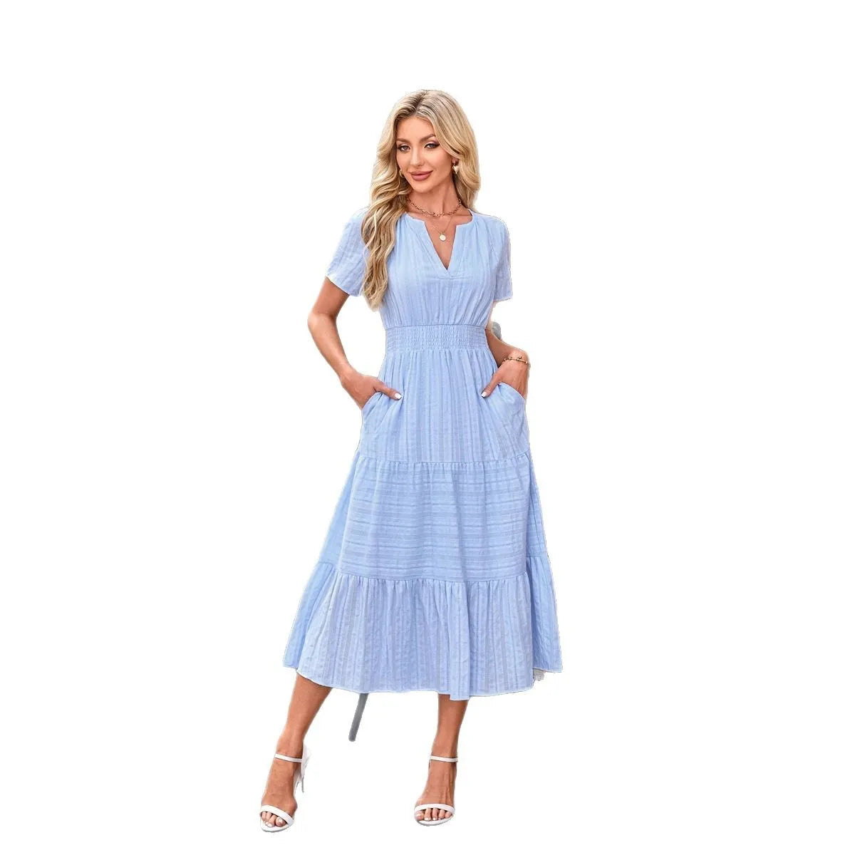 Cotton Square Neck Tiered Midi Dress with Pockets