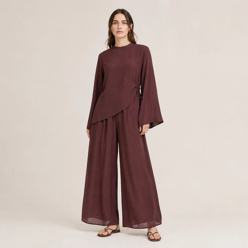 Double Layer Chiffon Co-Ord Set with Asymmetric Tunic and Wide-Leg Pants