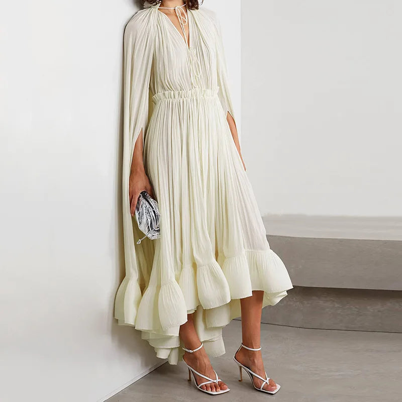 V-Neck Cape Maxi Dress with Ruffled Edges and Defined Waist