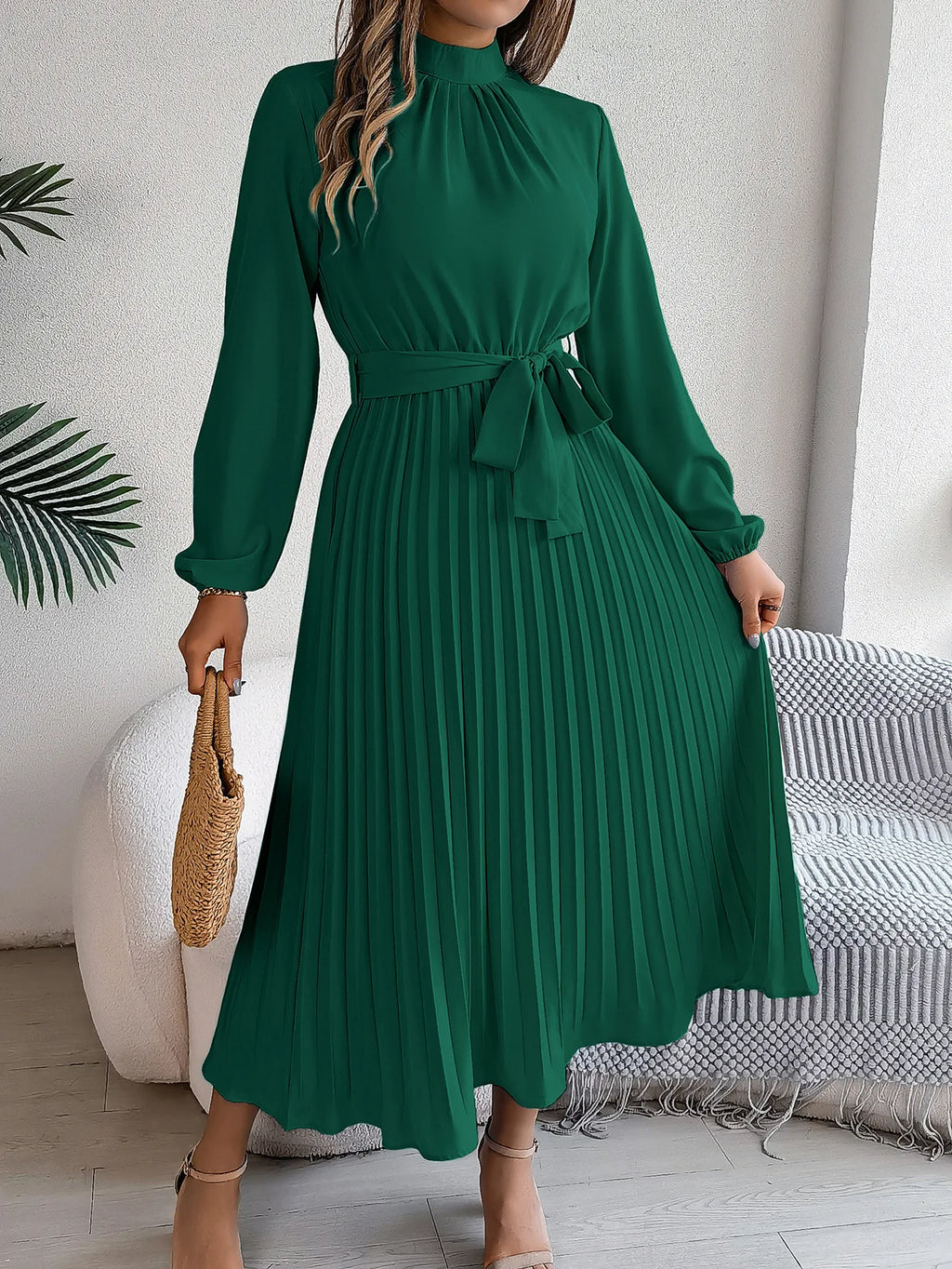 Vintage Stand Collar Long Sleeve Fit-and-Flare Midi Dress