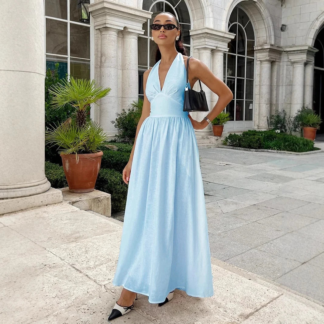 Breathable Cotton V-Neck Backless Maxi Dress