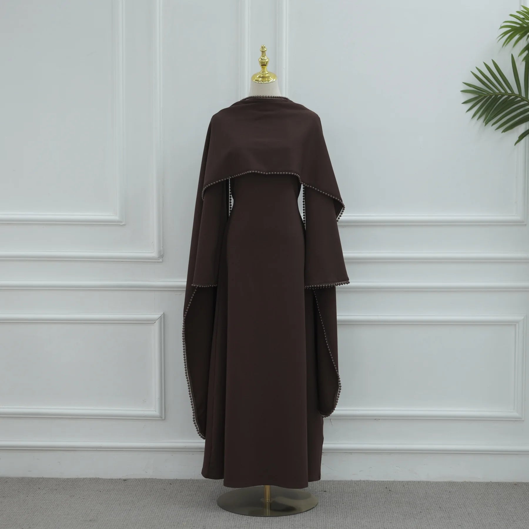 Pearl-Embellished Cape Sleeve Evening Abaya Dress