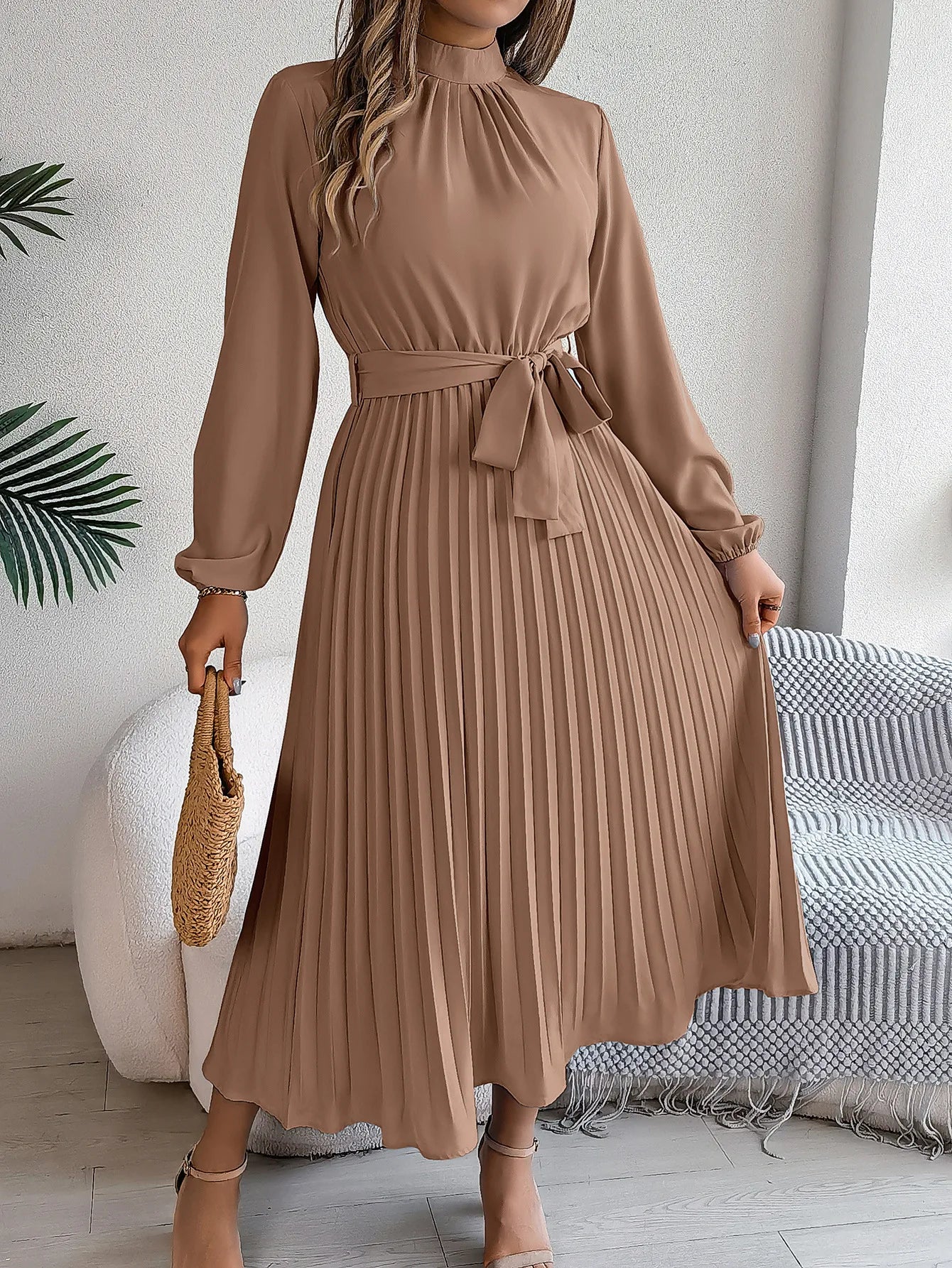Vintage Stand Collar Long Sleeve Fit-and-Flare Midi Dress