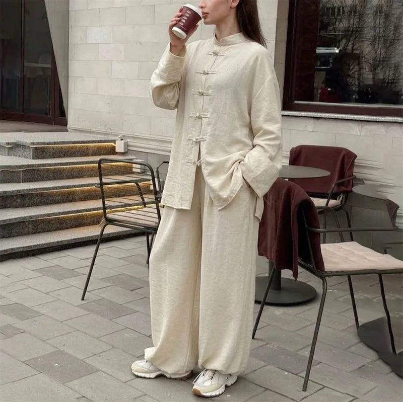 Cotton Linen Modest Co-Ord Set with Frog-Button Top and Matching Pants