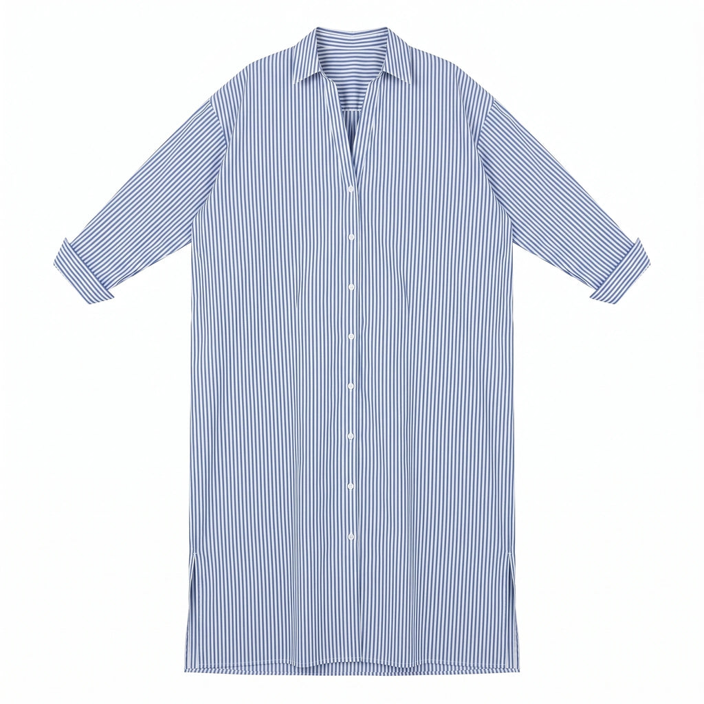 Striped Button-Front Maxi Shirt Dress with Long Sleeves