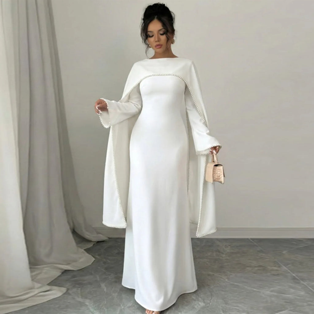 Pearl-Embellished Cape Sleeve Evening Abaya Dress