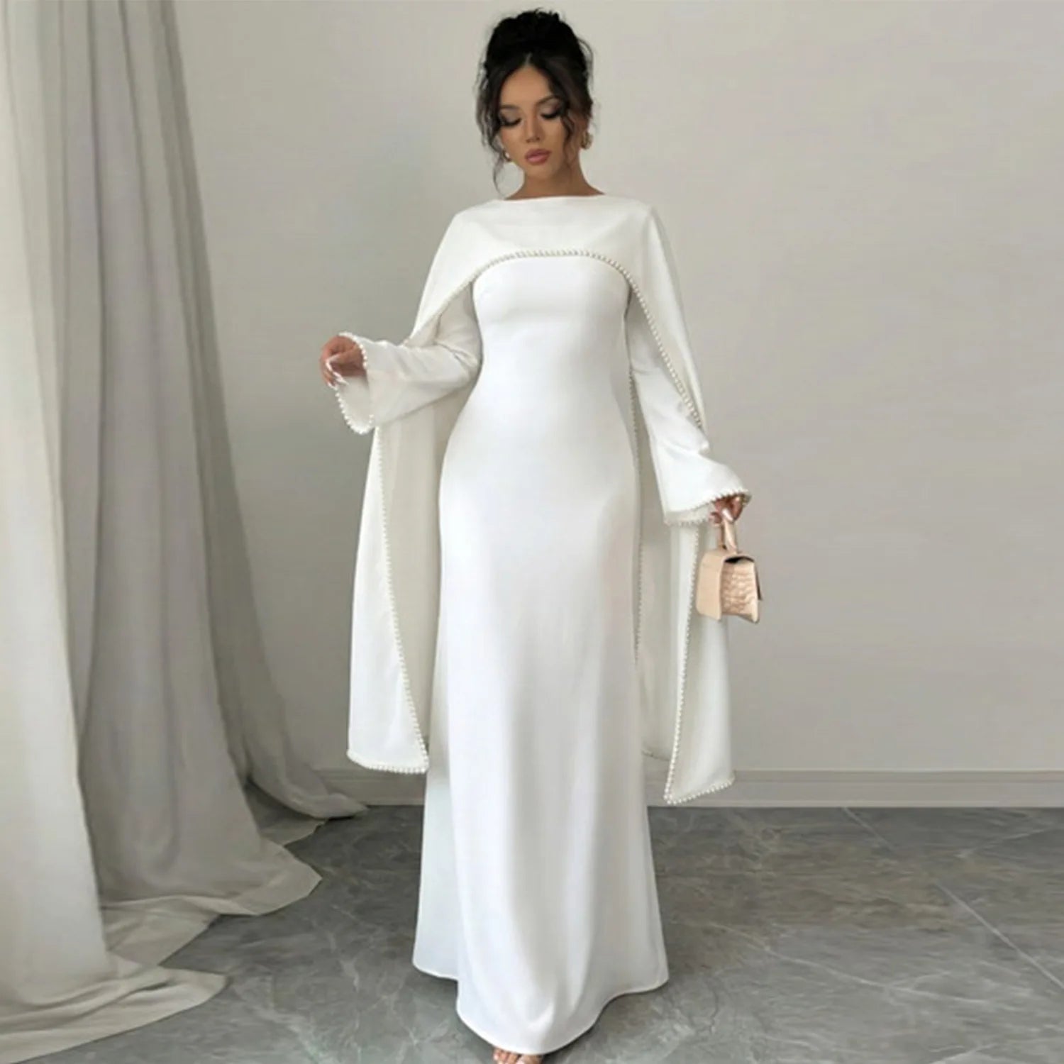 Pearl-Embellished Cape Sleeve Evening Abaya Dress