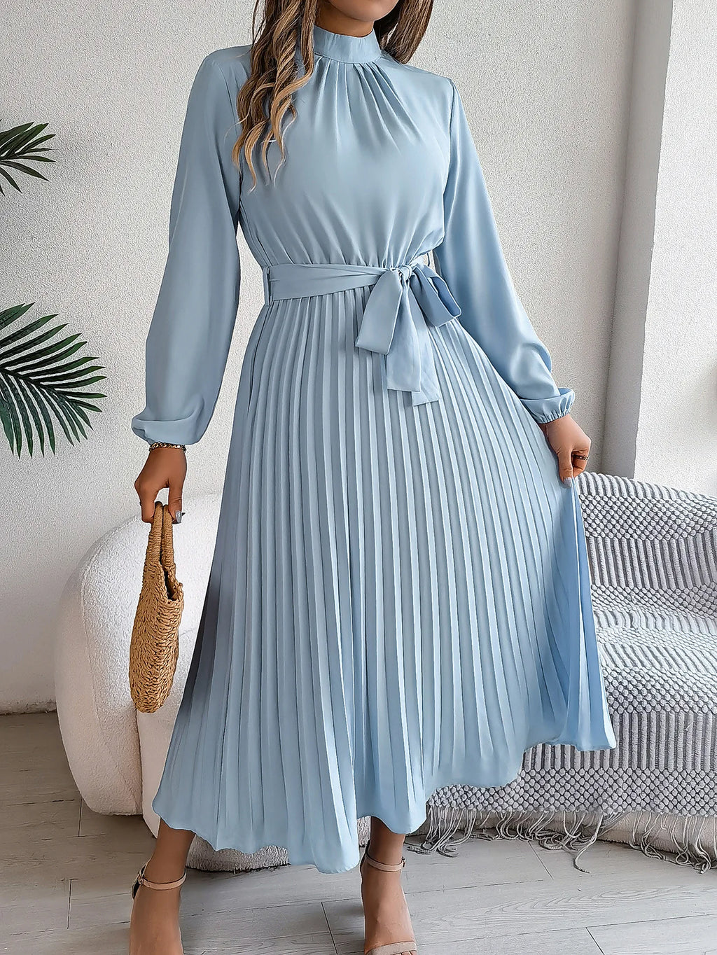 Vintage Stand Collar Long Sleeve Fit-and-Flare Midi Dress