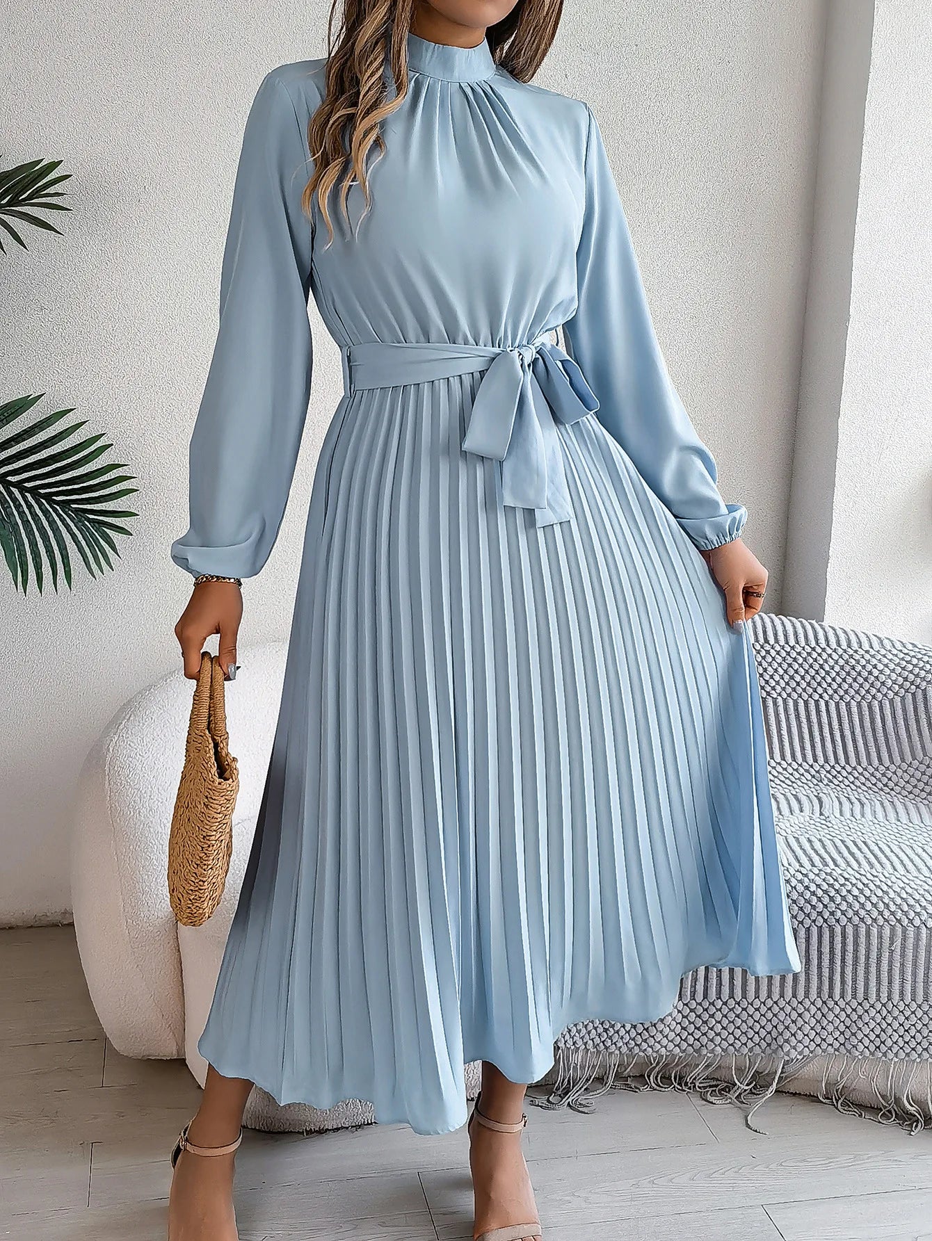 Vintage Stand Collar Long Sleeve Fit-and-Flare Midi Dress