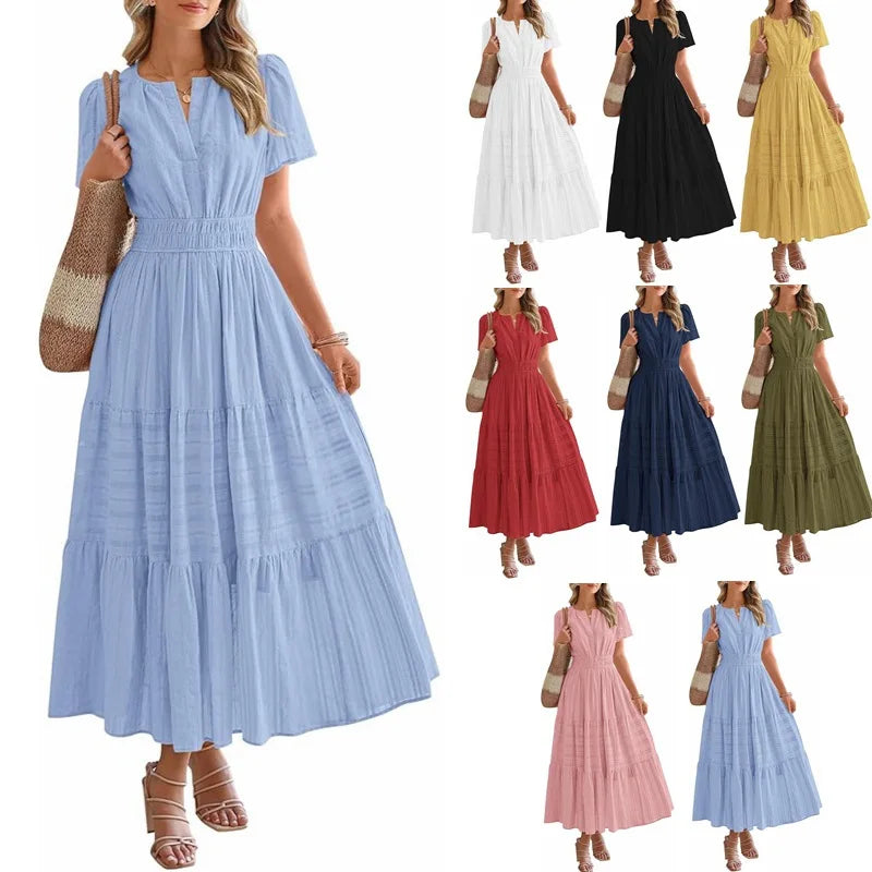 Cotton Square Neck Tiered Midi Dress with Pockets