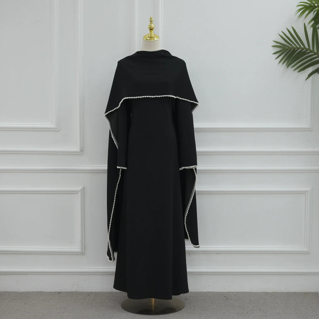 Pearl-Embellished Cape Sleeve Evening Abaya Dress