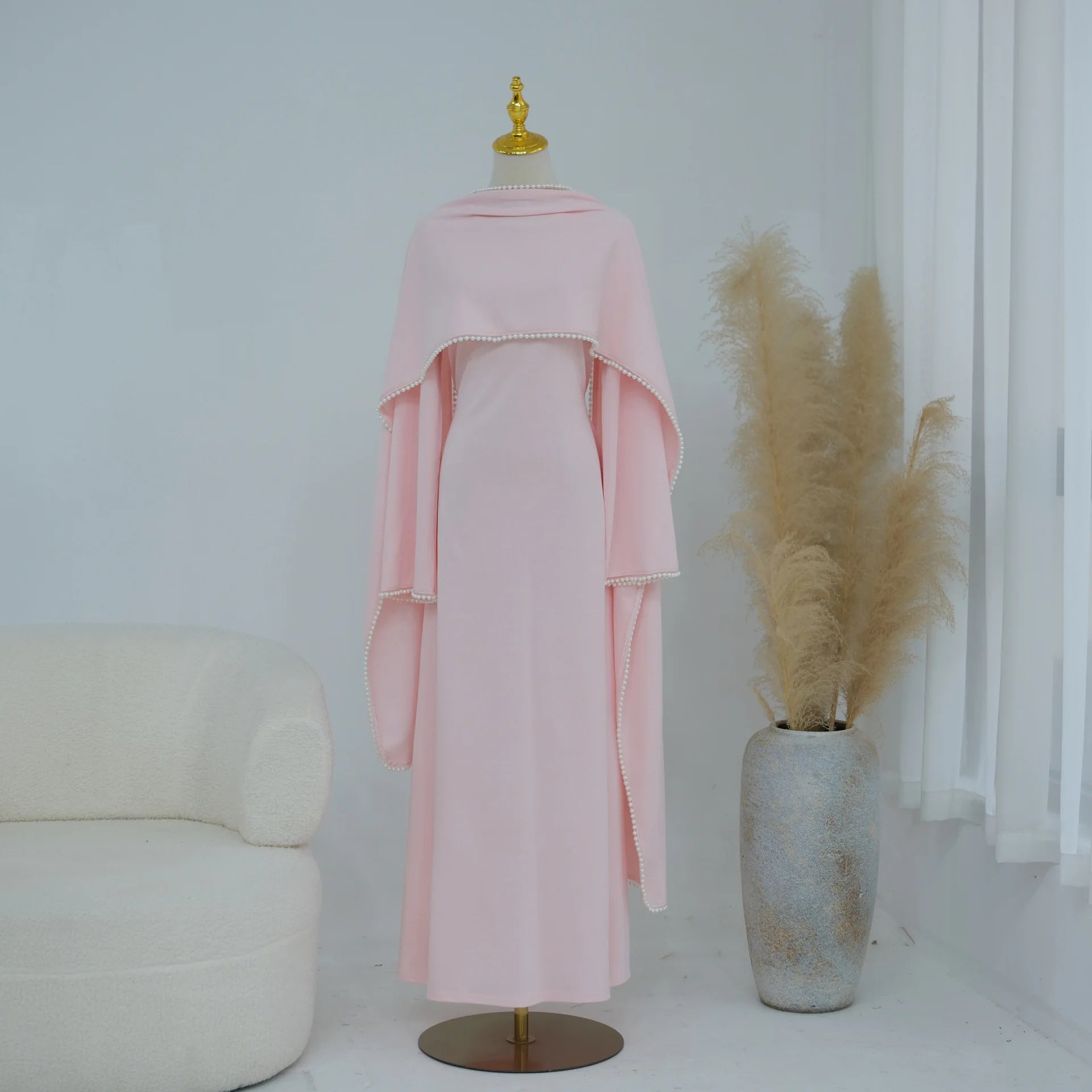 Pearl-Embellished Cape Sleeve Evening Abaya Dress