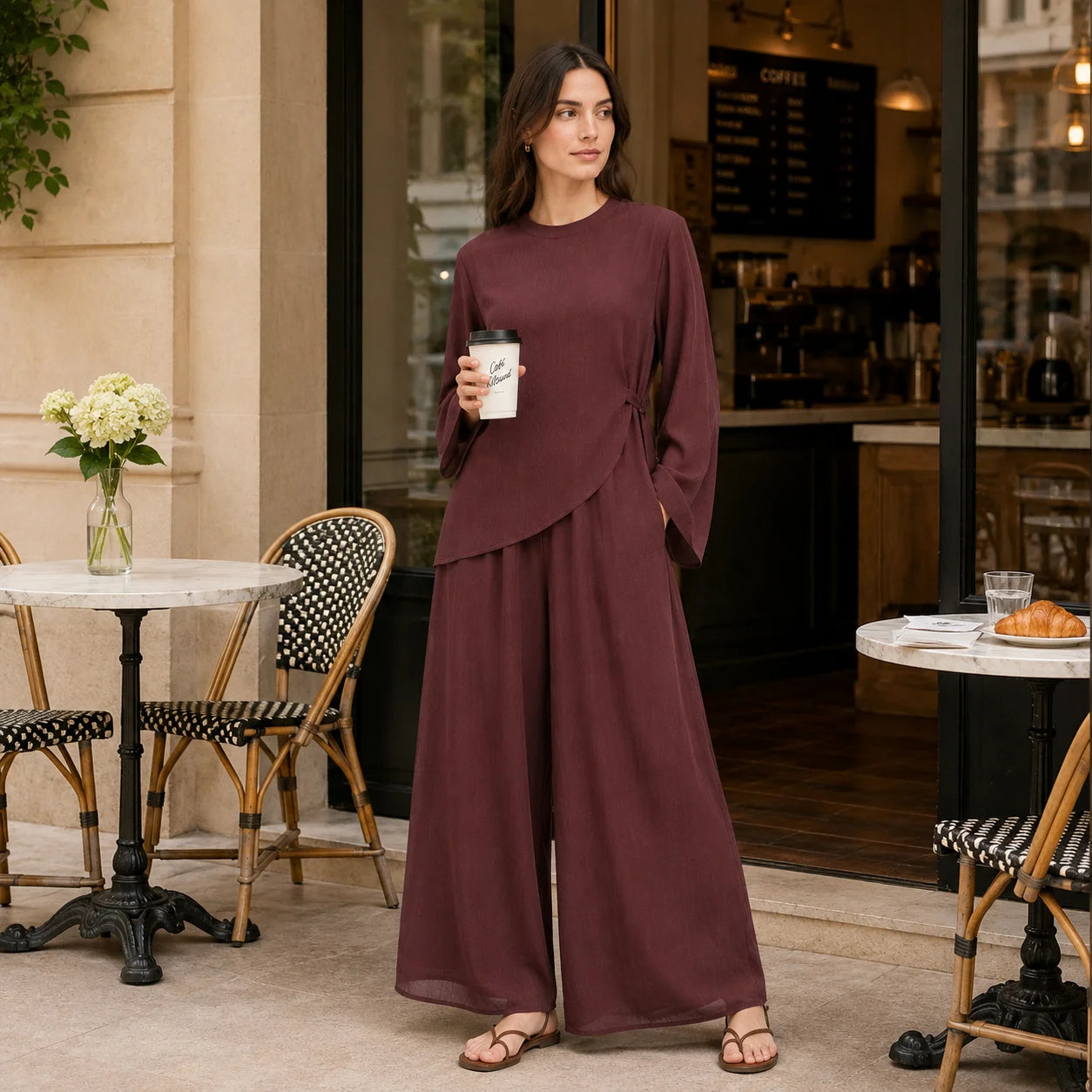 Double Layer Chiffon Co-Ord Set with Asymmetric Tunic and Wide-Leg Pants