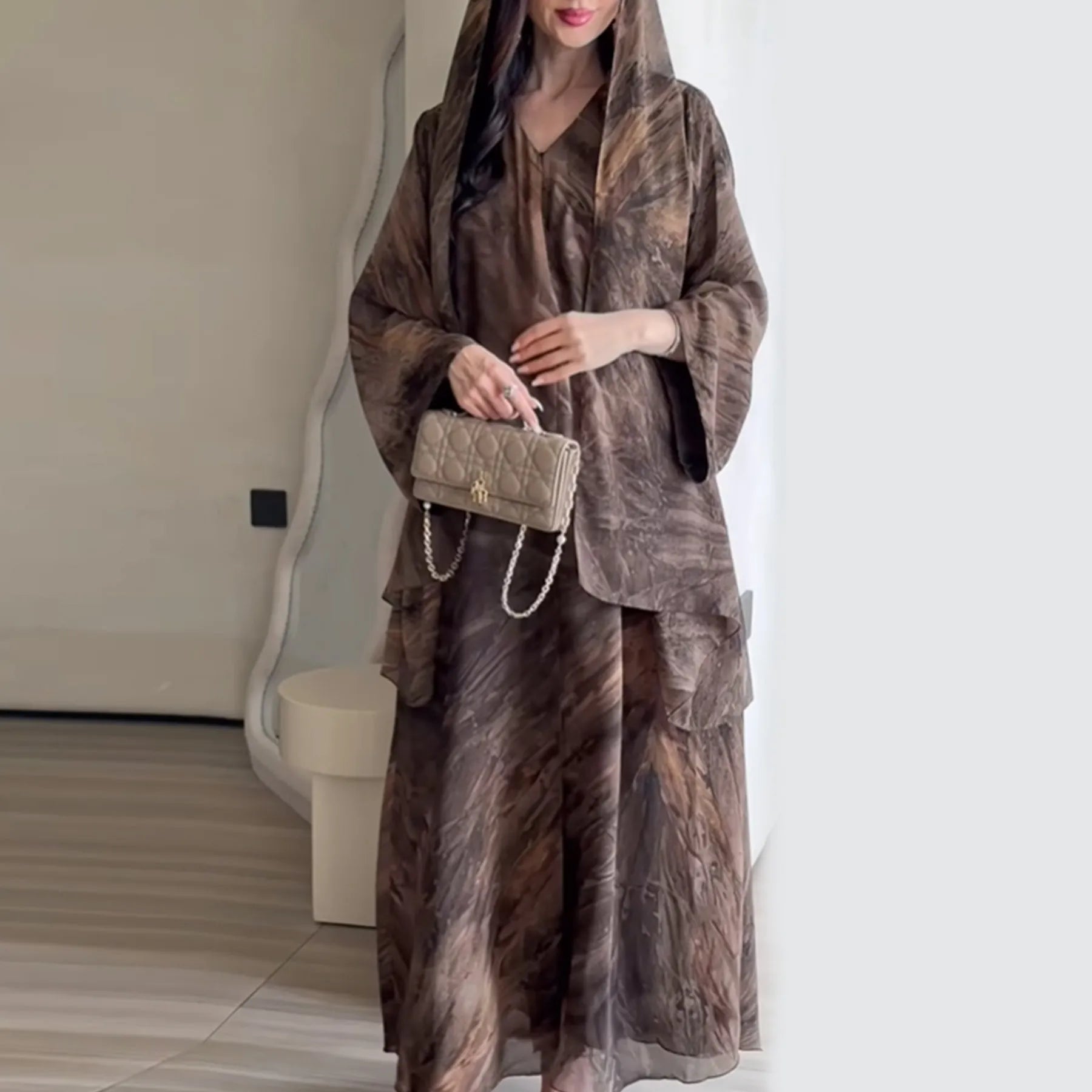 Floral Chiffon Abaya Cardigan Set with Matching Headscarf