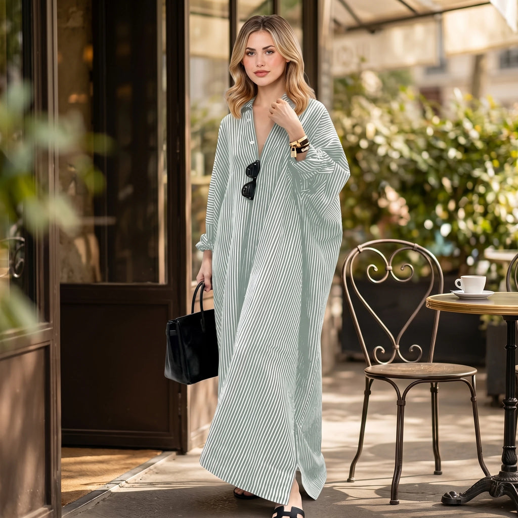 Striped Button-Front Maxi Shirt Dress with Long Sleeves