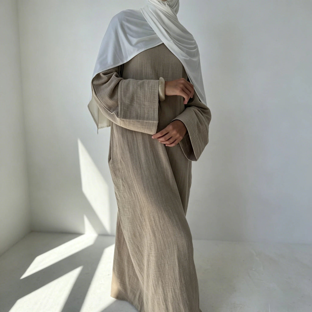 Beige Cotton Abaya with Pockets – Loose Fit Kimono Sleeve Dress