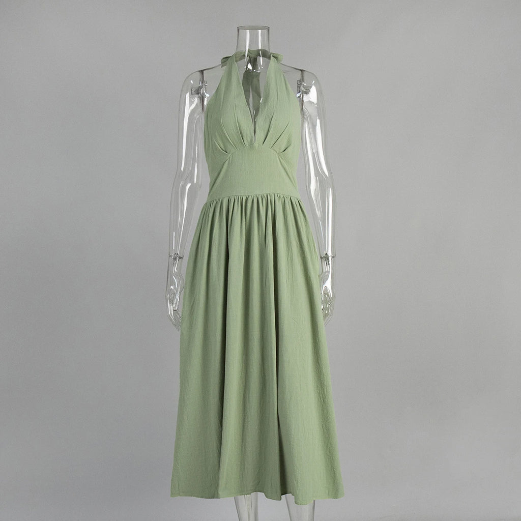 Breathable Cotton V-Neck Backless Maxi Dress