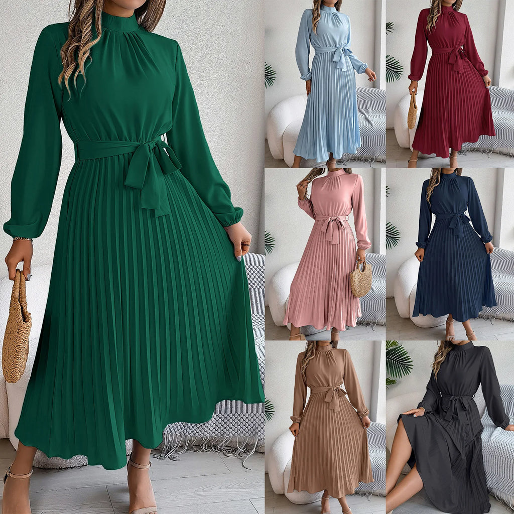 Vintage Stand Collar Long Sleeve Fit-and-Flare Midi Dress