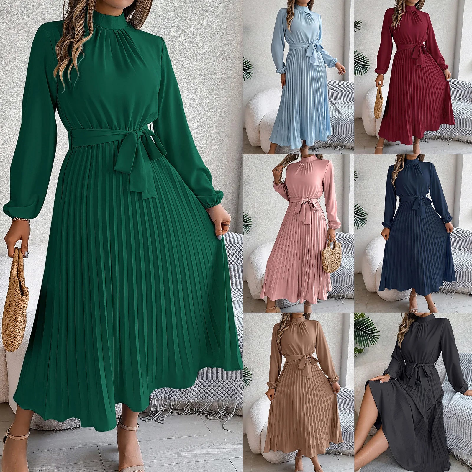 Vintage Stand Collar Long Sleeve Fit-and-Flare Midi Dress