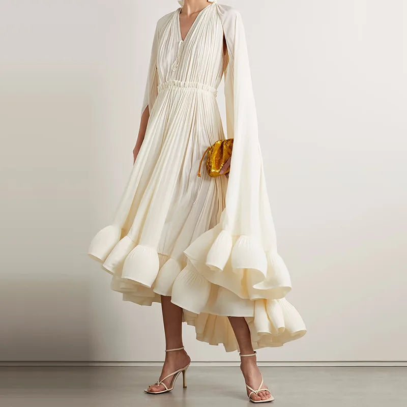 V-Neck Cape Maxi Dress with Ruffled Edges and Defined Waist