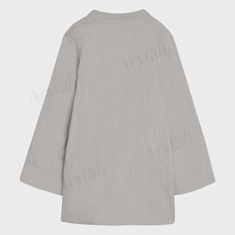 Light Grey Linen Modest Co-ord Set – V-Neck Tunic and Flowy Maxi Skirt