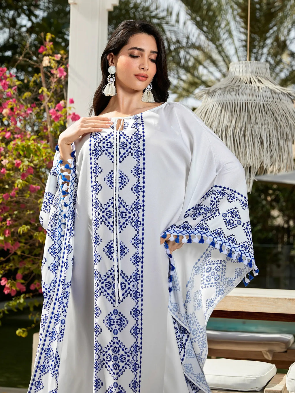 White and Blue Front-Open Chiffon Abaya Dress