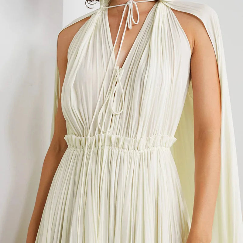 V-Neck Cape Maxi Dress with Ruffled Edges and Defined Waist