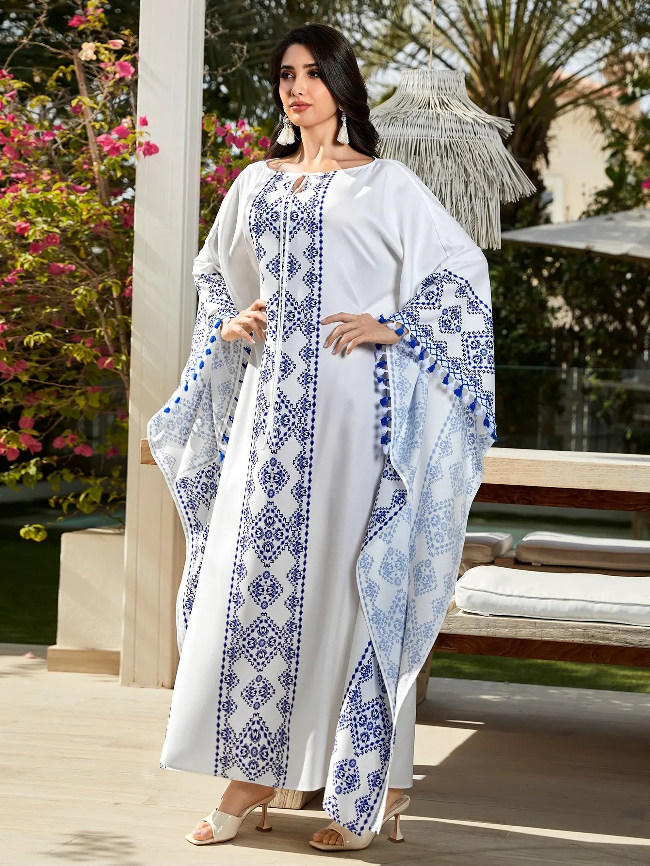 White and Blue Front-Open Chiffon Abaya Dress