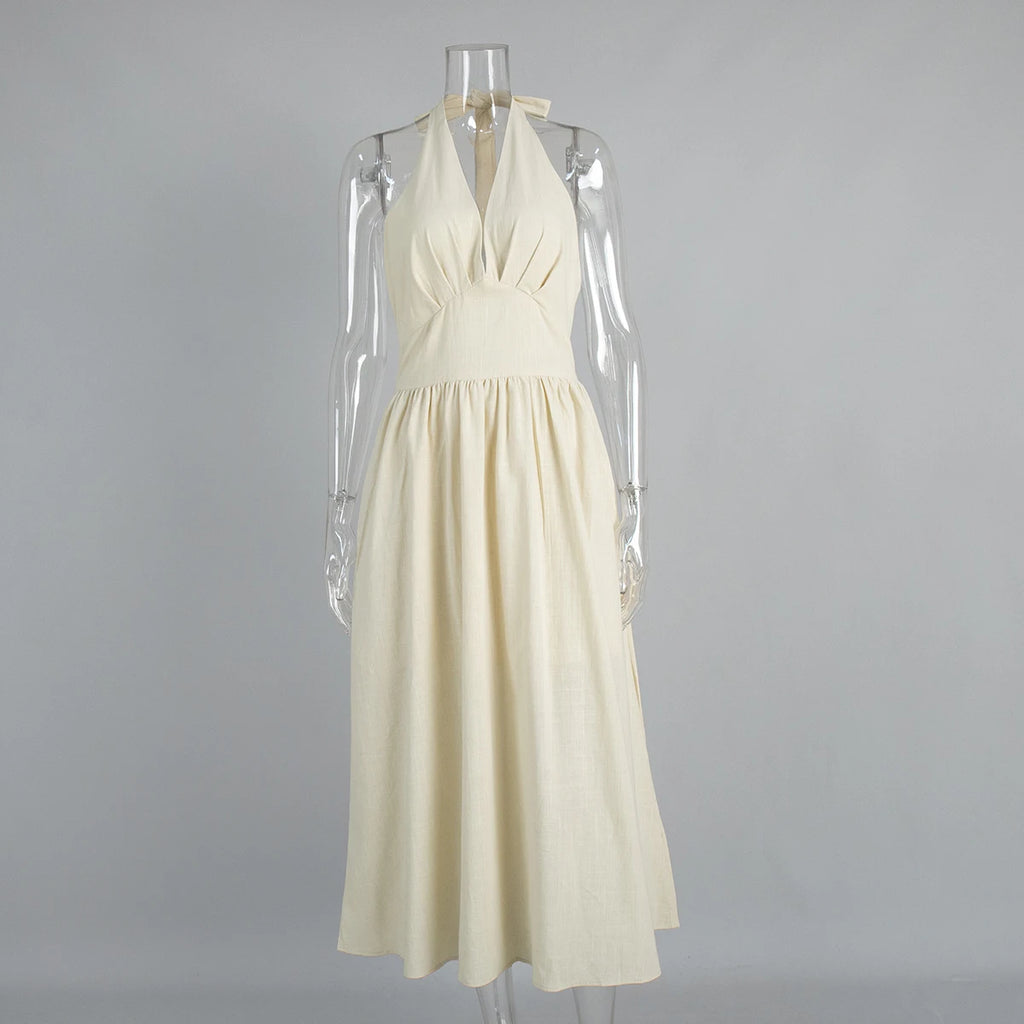 Breathable Cotton V-Neck Backless Maxi Dress