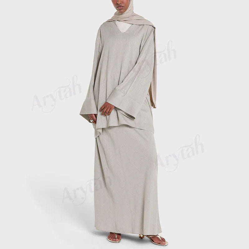 Light Grey Linen Modest Co-ord Set – V-Neck Tunic and Flowy Maxi Skirt