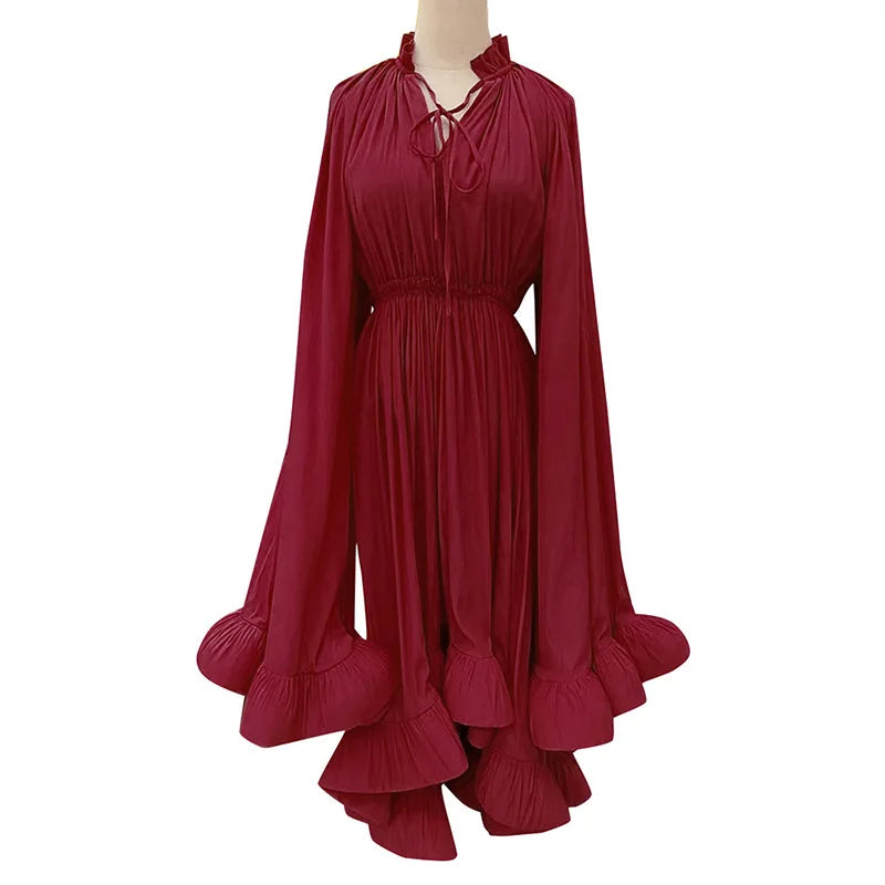 V-Neck Cape Maxi Dress with Ruffled Edges and Defined Waist